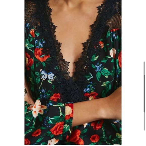 Anthropologie Dress 16 Lace V-Neck Dark Floral Rose Long Sleeve Mini Flowy NWT - Picture 9 of 16
